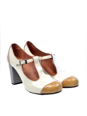 The Dusty T-Bar Shoe - Cream & Coffee Patent Leather